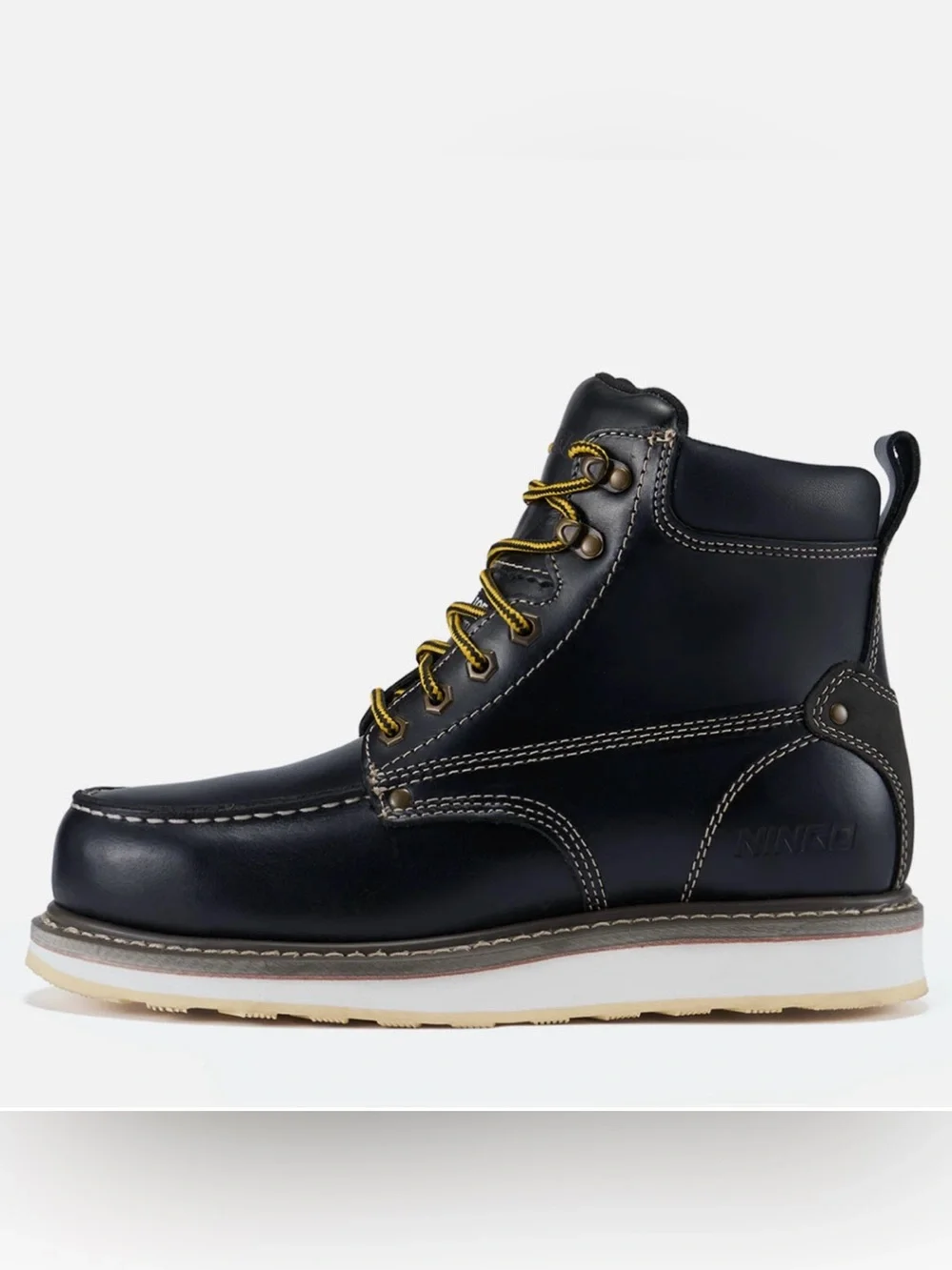 NINGO Men’s Moc Toe Safety Boots Black Leather ASTM Slip Heat Electrical NWT